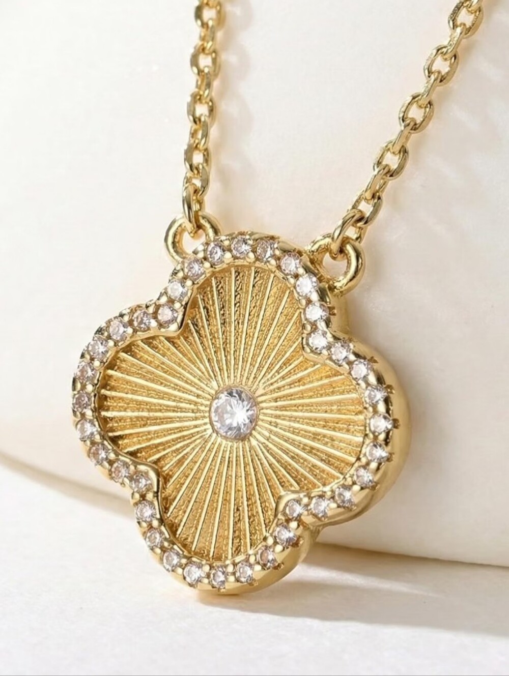 Gold Clover Motif Pendant Necklace Pave Crystal Accent